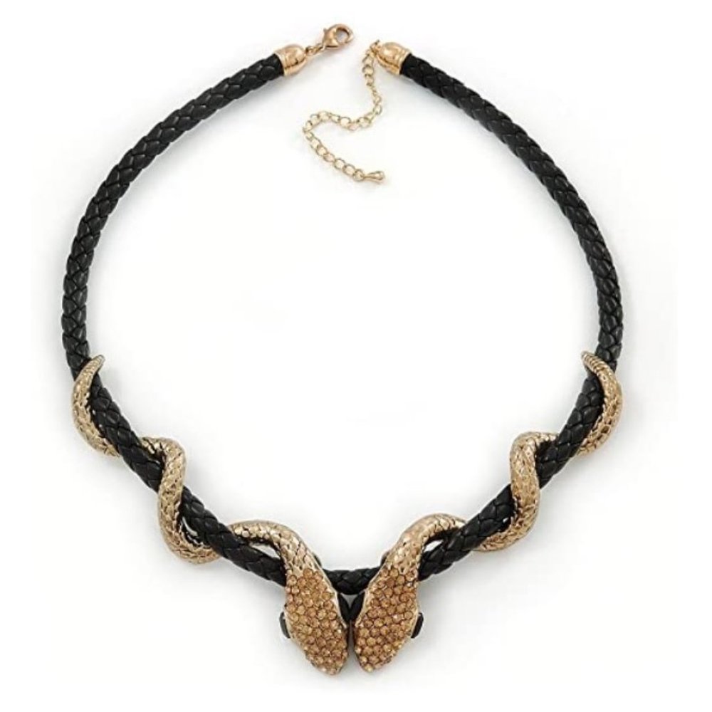 Double Snake Black Leather Cord Necklace 18" + Ext